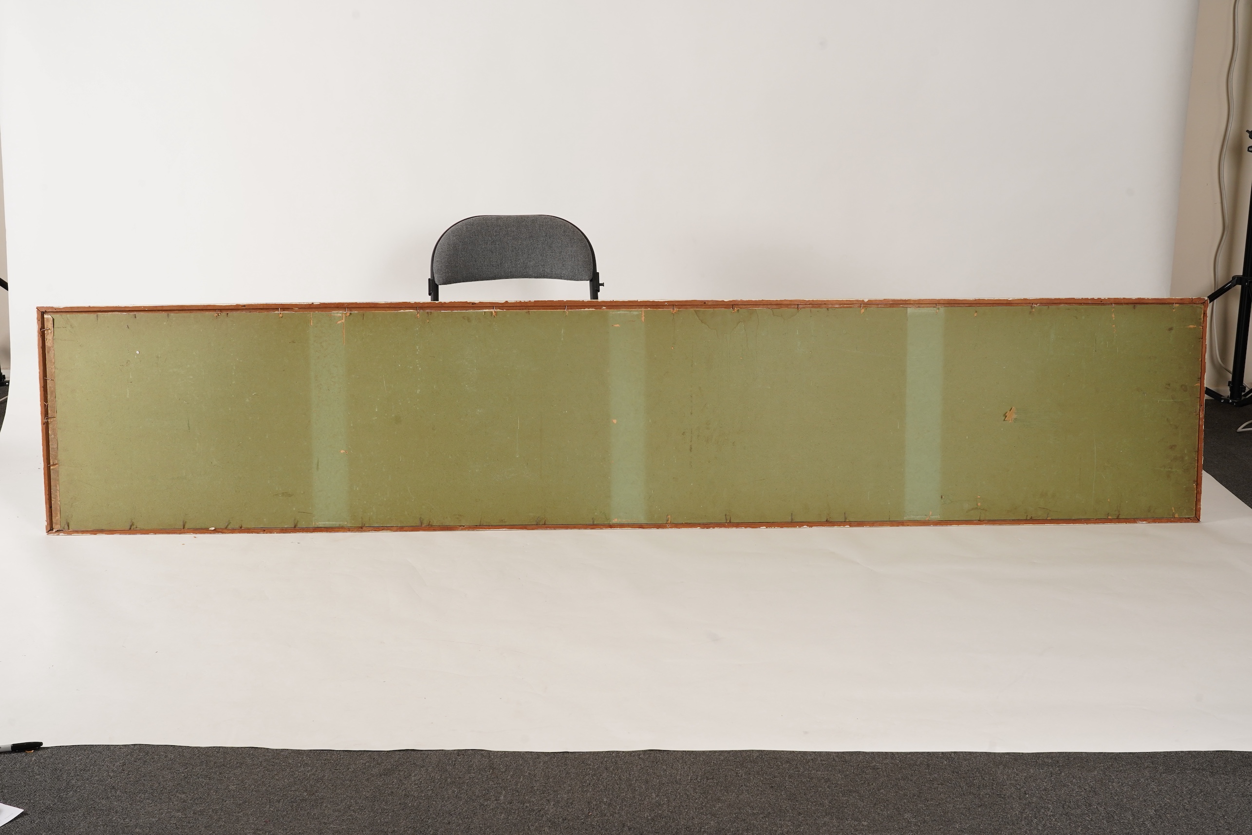 Chinese School , 17th century or earlier, Scholars in a mountainous river landscape scene with pavilions, Ink and colour on silk, incomplete clerical script signature, 54cm x 290cm